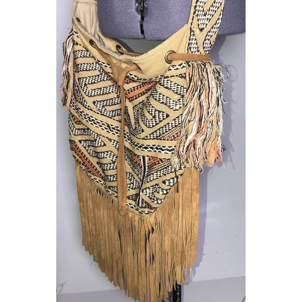 Vtg Y2K Boho Crossbody Bag Fringe Woven Festival Coachella Tribal a+p Denim - Picture 11 of 16
